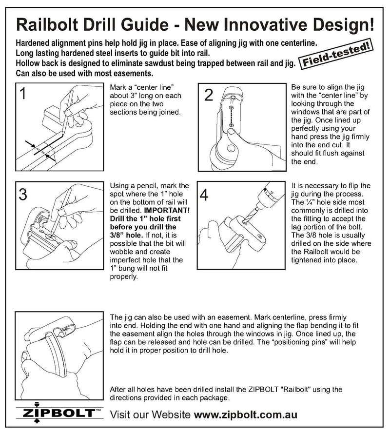 Zipbolt 40.260 Railbolt Drill Guide — Railbolt Installation Jig for Staircase Handrails with 1/4", 3/8" Drill Bits & 1” Spade Bit