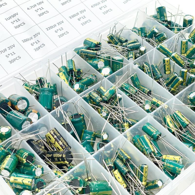 24Value 460Pcs 6.3V-50V Capacitor Assortment Box Kit DIP 1uF-1500uF High Frequency Aluminum Electrolytic Capacitors for Industrial Electrical and Arduino etc.