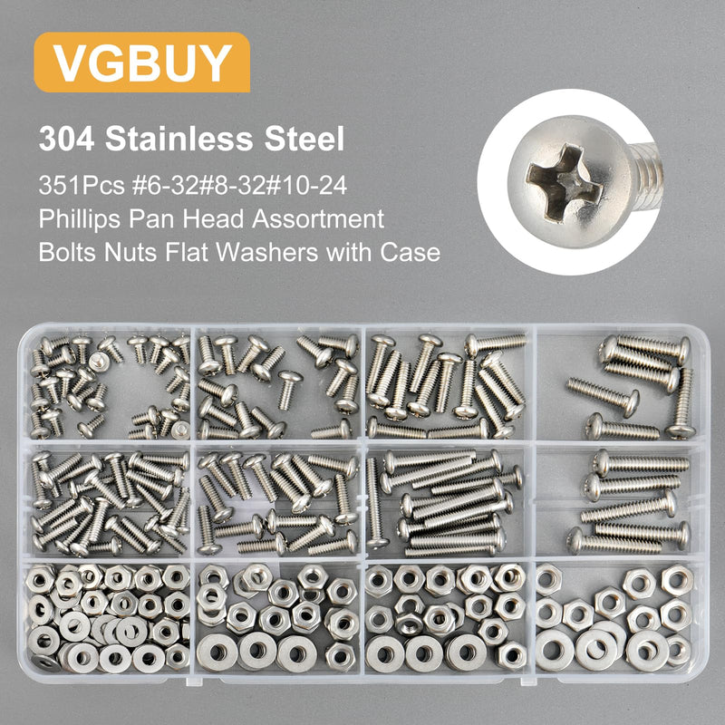 [Australia - AusPower] - 351Pcs Machine Screws Nuts and Bolts Assortment Kit, 6-32# 8-32# 10-24 Phillips Pan Head Assorted 304 Stainless Steel Bolts Nuts Flat Washers Bolts with Case 