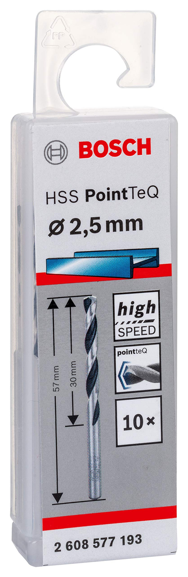Bosch Professional HSS PointTeQ Twist Drill Bits (for Metal, 2.5 x 30 x 57 mm, Drill Driver Accessory), Pack of 10 Diameter 2.5 mm