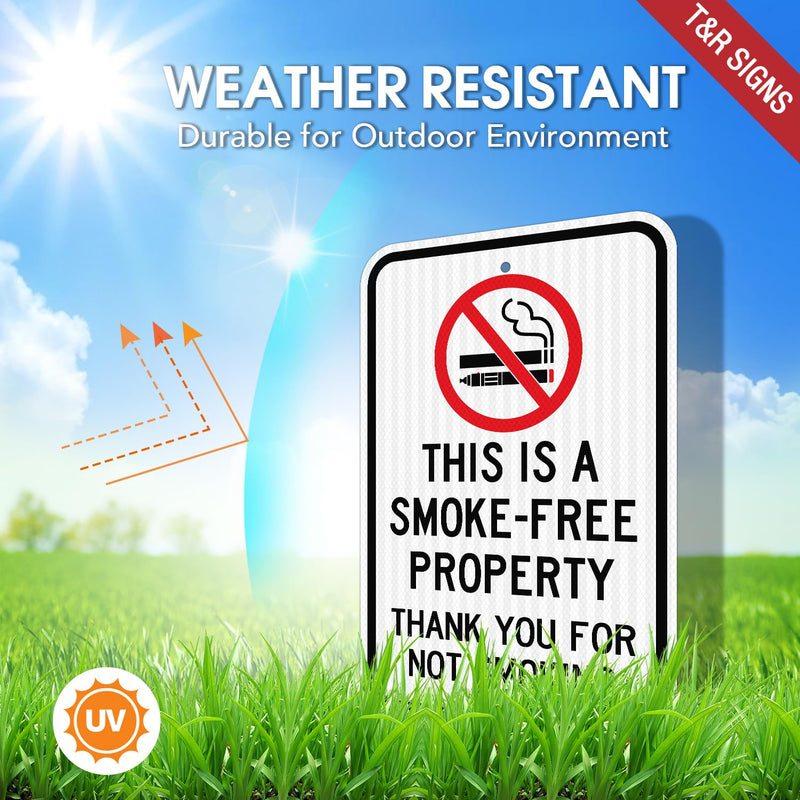 T&R (2 Pack) Large No Smoking Sign, Thank You For Not Smoking Sign, 18" x 12" Engineer Grade Reflective Sheeting, Rust Free Aluminum, Weather Resistant, Waterproof, Fade Resistant, 2 Pre-drilled Holes 18" x 12” - 2 Pack - No Smoking