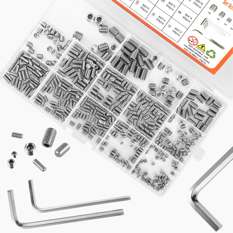 [Australia - AusPower] - 485 Pcs 14 Size Set Screw Assortment Kit M3/M4/M5/M6/M8 Head Socket Hex Metric Set Screws Assortment Kit 304 Stainless Steel Cup-Point Screws 