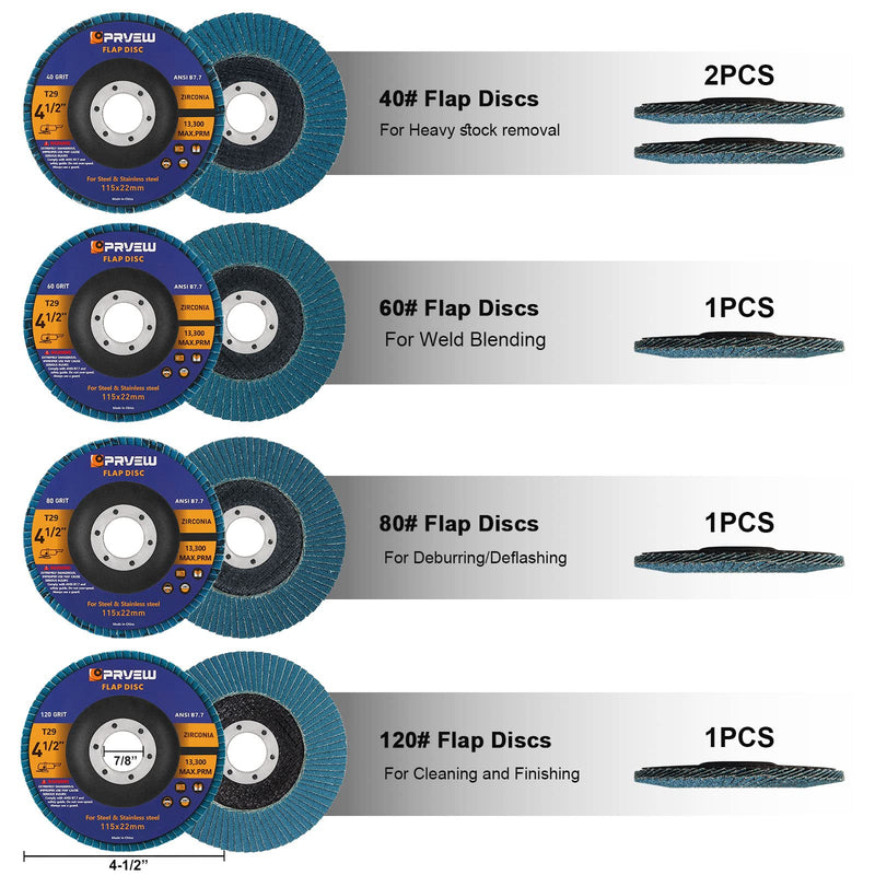 [Australia - AusPower] - Flap Discs 4 1/2 Inch, 5-Pack 4.5" x 7/8" T29 Premium Zirconia Abrasive Grinding Wheels, 40/60/80/120 Assorted Grits Flap Sanding Disc for Metal,Stainless Steel 40/60/80/120 Grit Assorted 