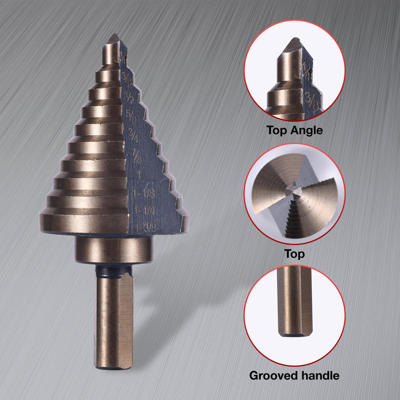 Step Drill Bits, 6PCS (50 Sizes) HSS Step Unibit Drill Bit Set with Auto Center Punch Black and Gold, Double Cutting Blades HSS Drill with Aluminum Case, Multi-Hole Stepped Up Bits for DIY 6pcs - Black and Gold