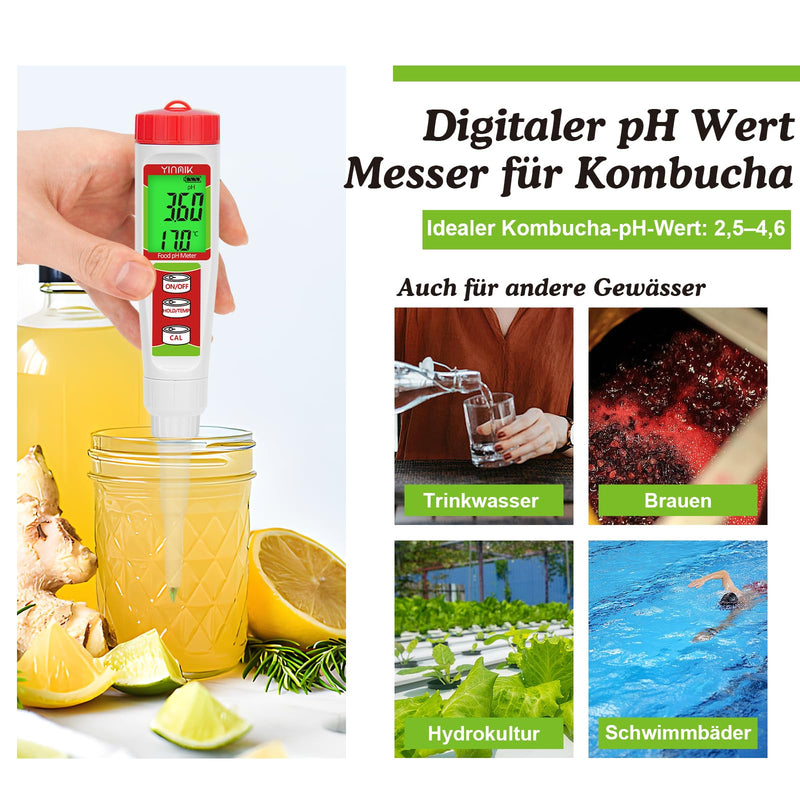 YINMIK Digital pH Meter pH Tester for Food with Calibration Solution | pH value for fermentation, pH food tester for dough, sushi rice, kombucha, soap, cheese, meat, pool and water Red pH meter