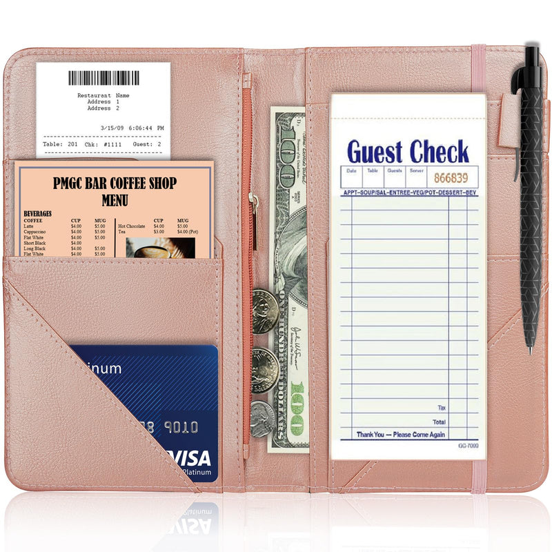 [Australia - AusPower] - Server Books for Waitress, PU Leather Cute Pink Waitress Book with 1 Money Zipper Pocket, Server Book with 9 Pockets and 1 Pen Holder, Serving Book Organizer Fit Server Apron -Flowers U 
