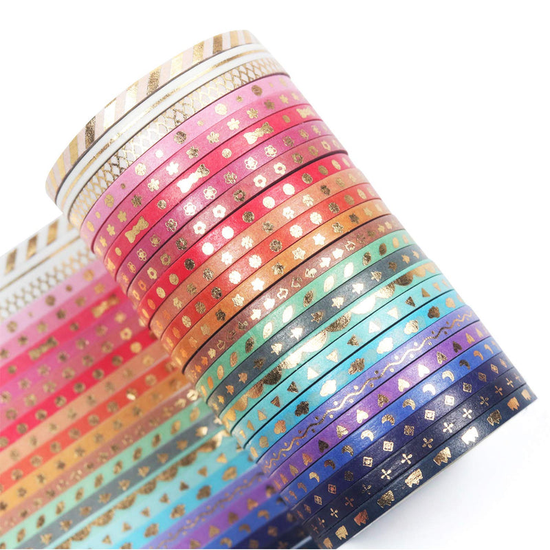 YUBBAEX 24 Rolls Skinny Washi Tape Set Gold Foil Print Decorative Tapes for Arts, DIY Crafts, Journals, Planners, Scrapbooking, Wrapping (Slim 3mm) Slim 3mm