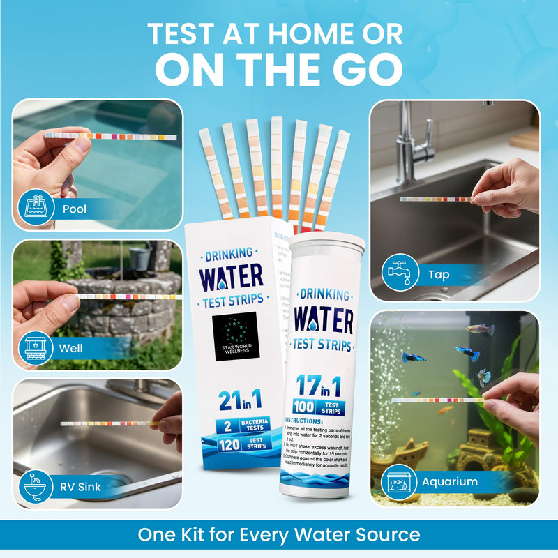 21-in-1 Drinking Water Test Kit – 120 Water Test Strips + 2 Bacteria Tests | Home Tap & Well Water Quality Testing for Lead, pH, Hardness, Chlorine, Nitrate, Iron & More