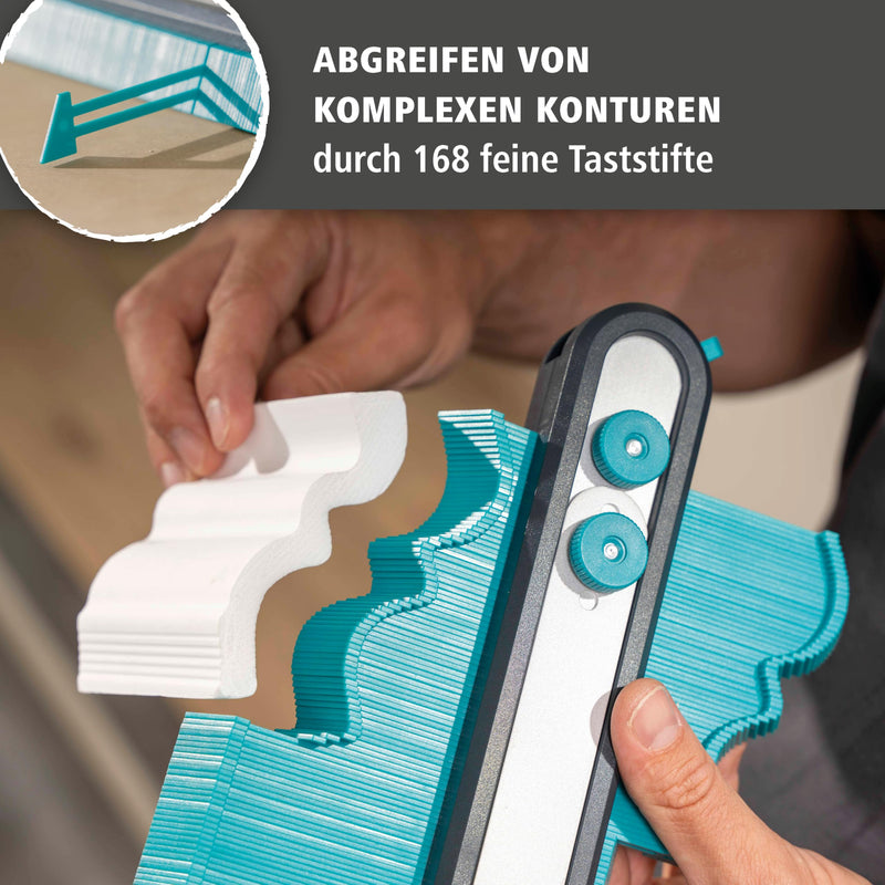 Wolfcraft Contour Gauge Pro Needle Template with Telescopic Rail for Measuring | Ideal for laminate and tiles, 700 mm length, 250 mm width, 168 touch pins, rail stop and fixation, 6980000