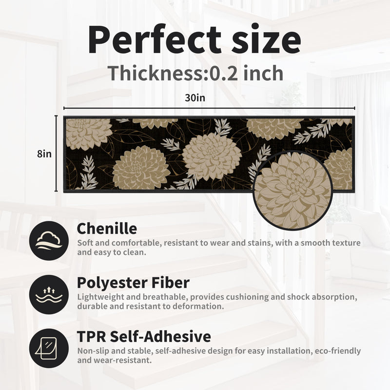 Non-Slip Carpet Stair Treads 4PCS, 8"x30" Peel and Stick Stair Runner for Wooden Steps Indoor, Washable Reusable Adhesive Backing, Pet-Friendly Safety Mats for Kids, Elders, Dogs 8inch x 30inch Black | Beige 4
