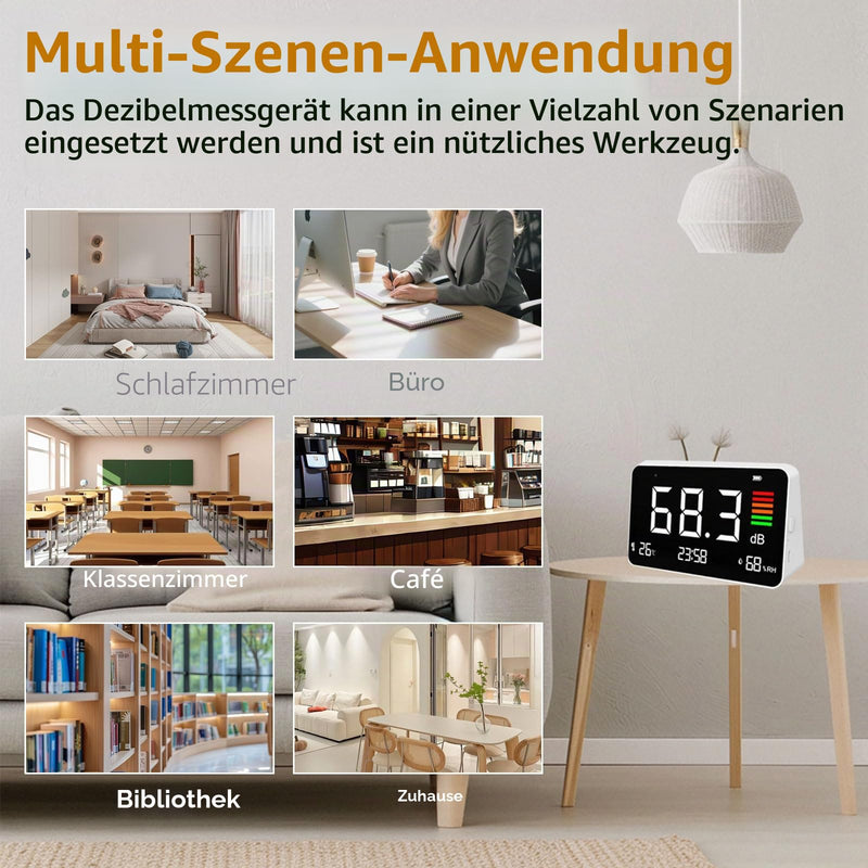 4-in-1 Decibel Meter, DB Meter with LED Display, Sound Level Meter 30-130dB Noise, Time, Temperature & Humidity Meter, Decibel Meter for Home, Classroom, Office, Library