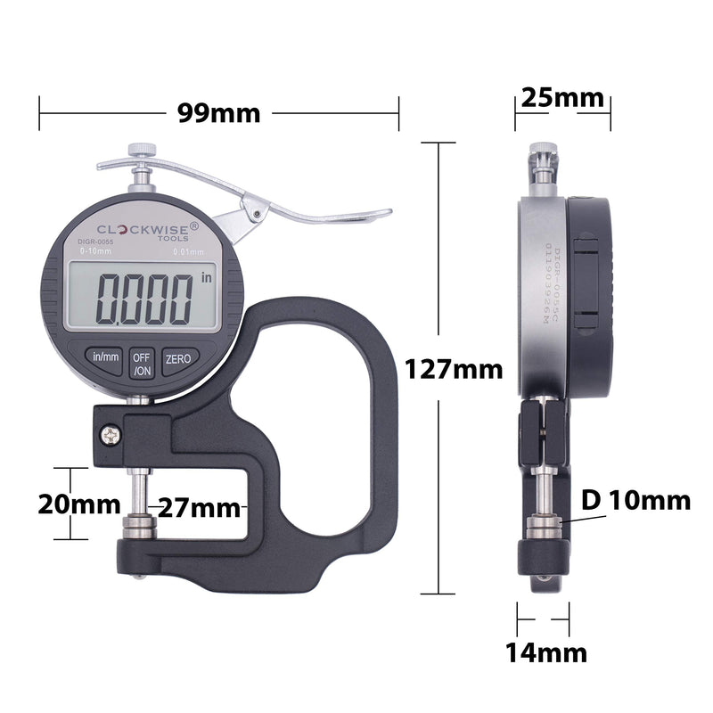 [Australia - AusPower] - Clockwise Tools Digital Thickness Gauge, DTGR-0055 0-0.4 inch/10mm, 0.0005"/0.01mm Resolution Resolution 0.0005"/0.01mm 