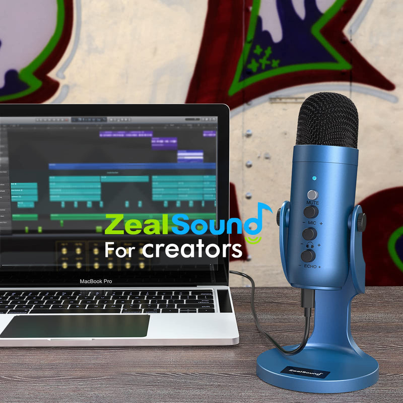 [Australia - AusPower] - ZealSound USB Microphone,Condenser Gaming Mic for Phone/Laptop/PC/PS4/5/Computer,Microphone with Gain Knob,LED Mute,Monitor Volume Adjustment,Stand Base for Streaming, Podcast, Studio Recording (Blue) Blue 