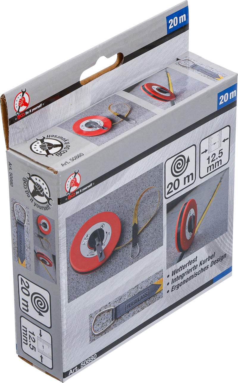 BGS DIY 50880 | Roll Tape Measure | 12.5 mm x 20 m | Fibreglass Tape | Foldable hand crank | dirt and weather resistant | metric scale on both sides