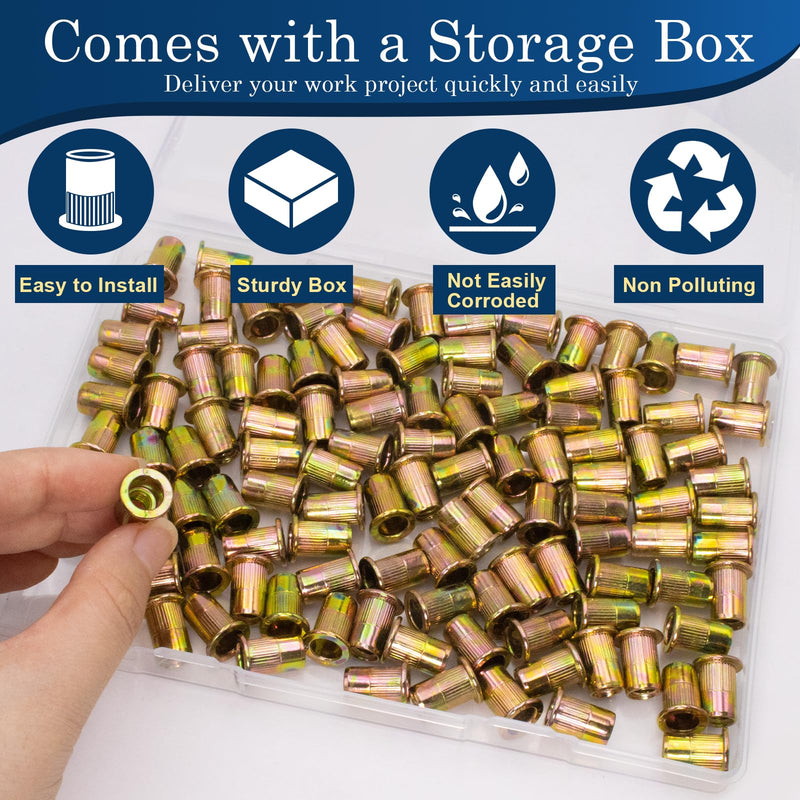 [Australia - AusPower] - 1/4 Rivet Nut, 115Pcs Carbon Steel Zinc Rivet Nuts 1/4-20, 1/4 20 Threaded Insert Rivnut, 1/4 UNC Rivets Nutsert, Flat Head 1/4 x 20 RIV Nuts 1/4''-20 Yellow 