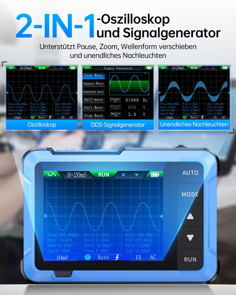 FNIRSI DSO-510 2-in-1 10MHz Handheld Oscilloscope DDS Signal Generator | 48MS/s, 2.8 inch TFT display, digital oscilloscope, one-button auto setup, auto/normal/single trigger modes for electronics