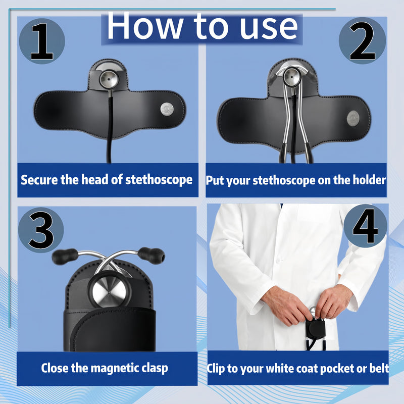 [Australia - AusPower] - Magnetic Stethoscope Holder Clips, Secure Hands-Free PU Leather Holster for Scrubs, Belts & Lab Coats - Portable Stethoscope Accessories for Nurses, Doctors, EMTs, Medical Students(Black) Black 