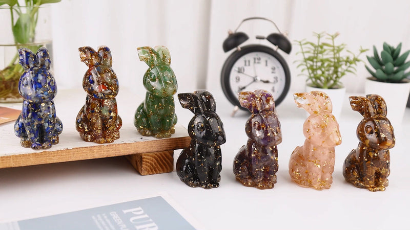 Amogeeli Healing Orgone Crystal Rabbit Figurine Decor, Resin Stone Bunny Statue Sculpture for Easter Home Office Garden, Rose Quartz Pink