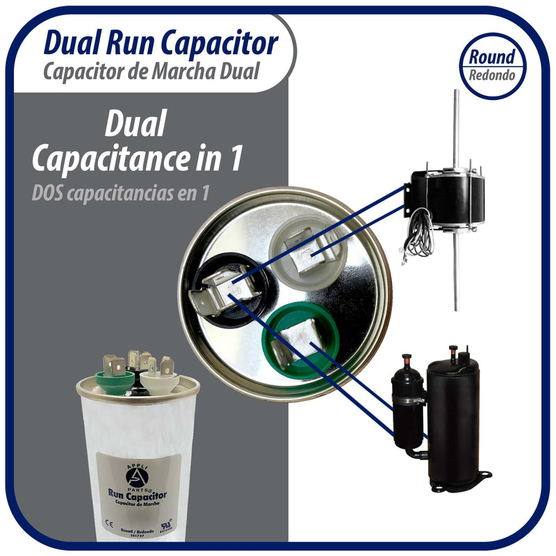 Appli Parts CON-45/10-450 Dual Run Capacitor for ac 45+10 Mfd uF (microfarads) 370VAC or 450VAC Round Universal fit for hvac and other applications 5-3/8 in High 2-1/8 in Wide