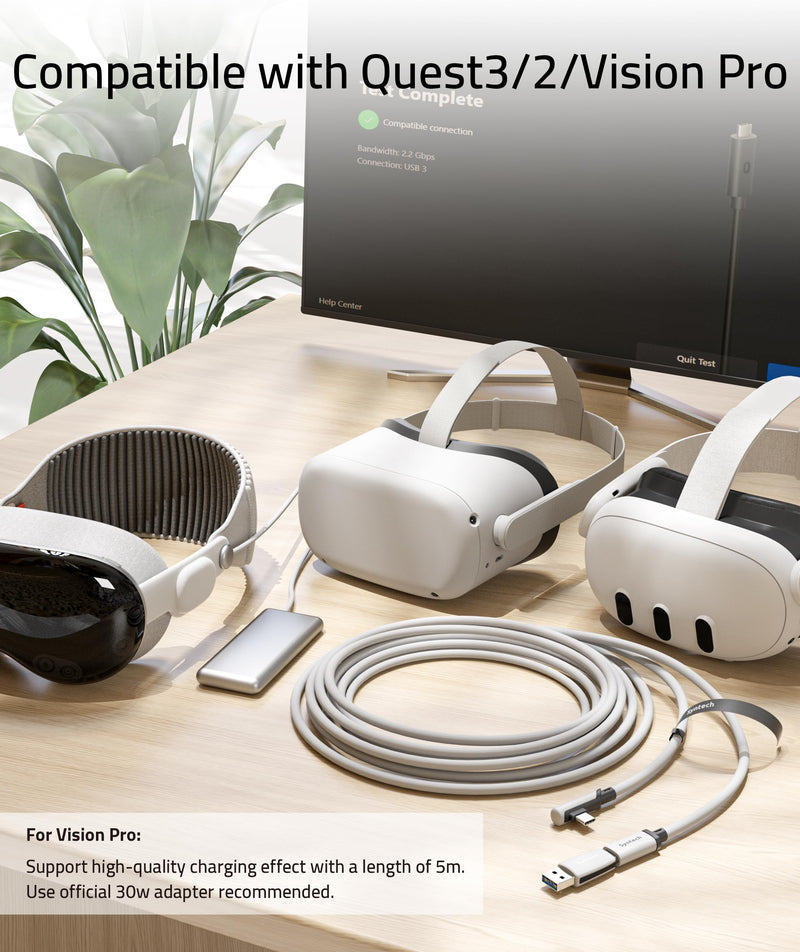 [Australia - AusPower] - Syntech Link Cable Compatible with Meta/Oculus Quest 3/Quest 2 Accessories and PC/Steam VR, 16FT Upgraded Type C Cable with USB 3.0 Adapter, High Speed Data Transfer Cord for VR Headset White 5m 