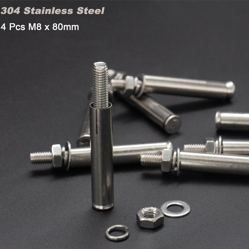 [Australia - AusPower] - 4 Pcs M8 x 80mm 304 Stainless Steel Hex Expansion Bolt, 304 Stainless Steel Expansion Screw Bolts Sleeve Anchoring Fastener Wall Concrete Brick Expansion Screw M8x80mm/4 Pcs 