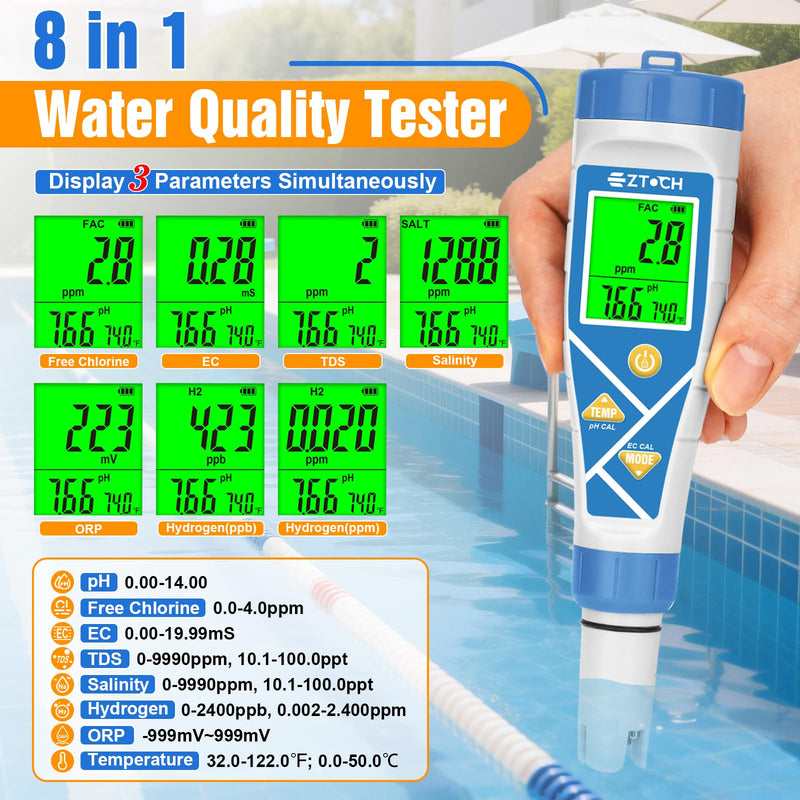 pH Chlorine Tester, 8 in 1 pH&Salt Meter for Saltwater Pool, Hydrogen Water Tester, Digital pH H2 Salinity ORP Chlorine EC TDS Temp Meter for Hydrogen Water Bottle, Hydroponic, Aquarium