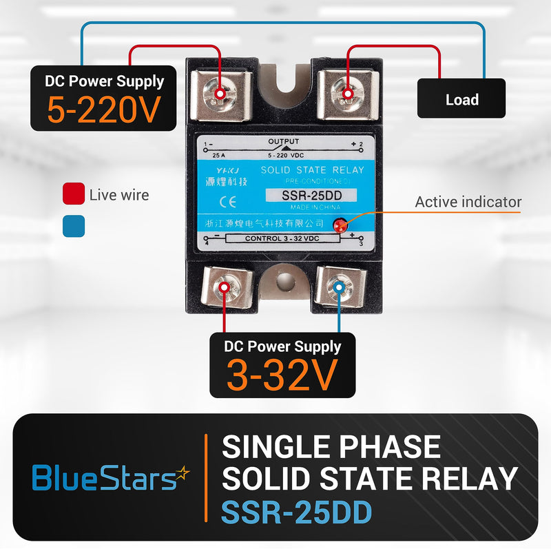 [Australia - AusPower] - BlueStars 2PCS Solid State Relay SSR-25DD DC to DC Input 3-32VDC Output 5-200VDC 25A Single Phase Semi-Conductor Relay Module - Pack of 2 - Control 3-32V DC Load 5-200V DC 