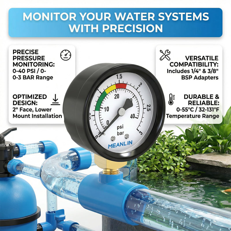 MEANLIN MEASURE 0~3Bar/0~40Psi Swimming Pool Pressure Gauge, 1/8 Inch BSP 2 Inch Face Dial for Pools, Hot Tubs, Fish Ponds, with 1/4 Inch BSP and 3/8 Inch BSP Hex Socket, Bottom Mounting 1/8"BSP Bottom mounted