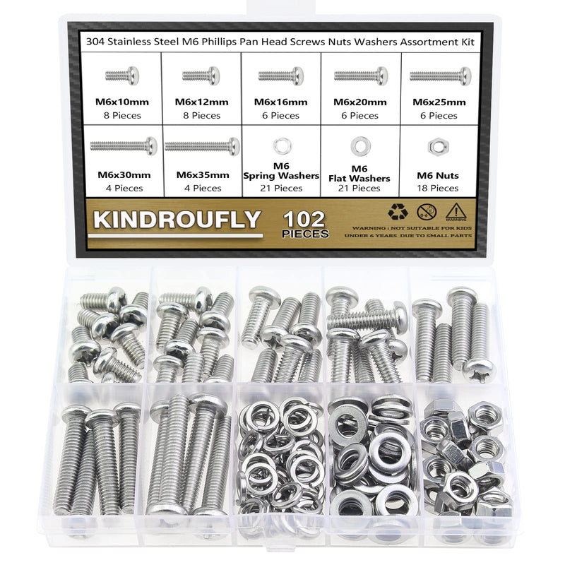 [Australia - AusPower] - 102 Pieces M6 x 10/12 /16/20 /25/30 /35mm Phillips Pan Head Machine Screws Nuts Washers Assortment Kit, 304 Stainless Steel, Fully Machine Thread 