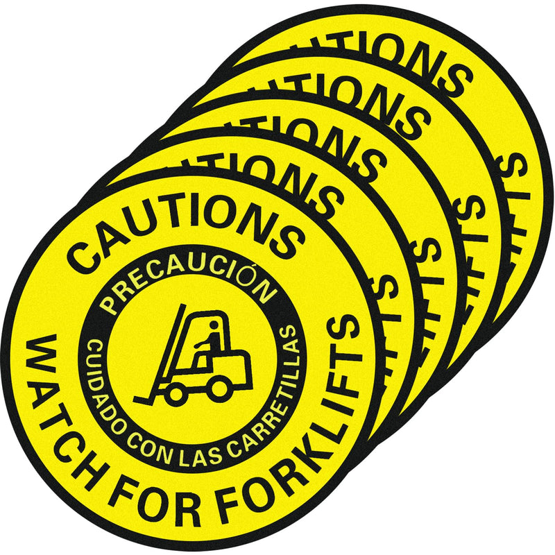 Caution Watch for Forklift Floor Sign – 5 Pack 16 Inch Round Vinyl Decals, Bilingual English/Spanish, Anti-Slip, Removable, Waterproof, UV Protected, High Visibility Safety Sticker for Warehouse, Work Site, Office, Factory