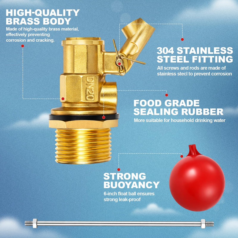 3/4 Inch Stainless Steel Float Valve for Water Tank and Trough, Heavy Duty Design with Adjustable Angle Rod, Float Ball for Stock Tank Pool Water Level Control