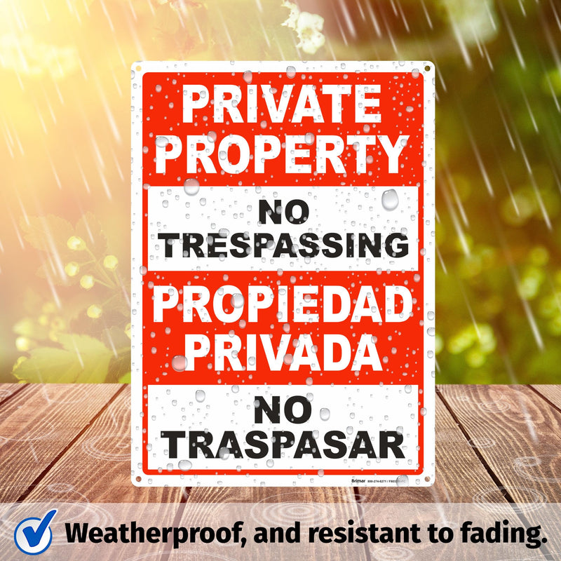 Brimar - 10" x 14" - Bilingual Private Property No Trespassing Sign - .040″ Rust-Free Aluminum - Bold Text And Symbol - Easy Installation, Red 10"x14" (Pack of 1)