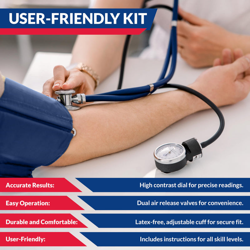 [Australia - AusPower] - Dixie EMS Aneroid Sphygmomanometer and Dual Head Stethoscope Set with Adult Size Blood Pressure Cuff, Calibration Key and Carrying Case – Navy Blue - FSA/HSA Eligible 