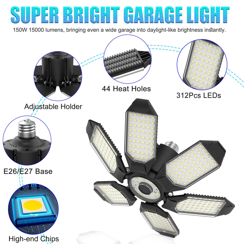 [Australia - AusPower] - LED Garage Light Bulb, 150W 15000LM Deformable LED Garage Ceiling Light with 6 Adjustable Panels, E26/E27 Screw-in Bulb Base LED Shop Light, 6000k Daylight Lighting for Garage, Basement, Barn 150W-1Pack 