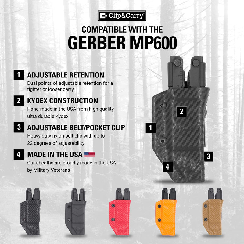 Clip & Carry Kydex Multitool Sheath for Gerber MP600 ~Fits bluntnose & needlenose Models~ Made in USA (Multi-Tool not Included) Multi Tool Holder Holster CF Black
