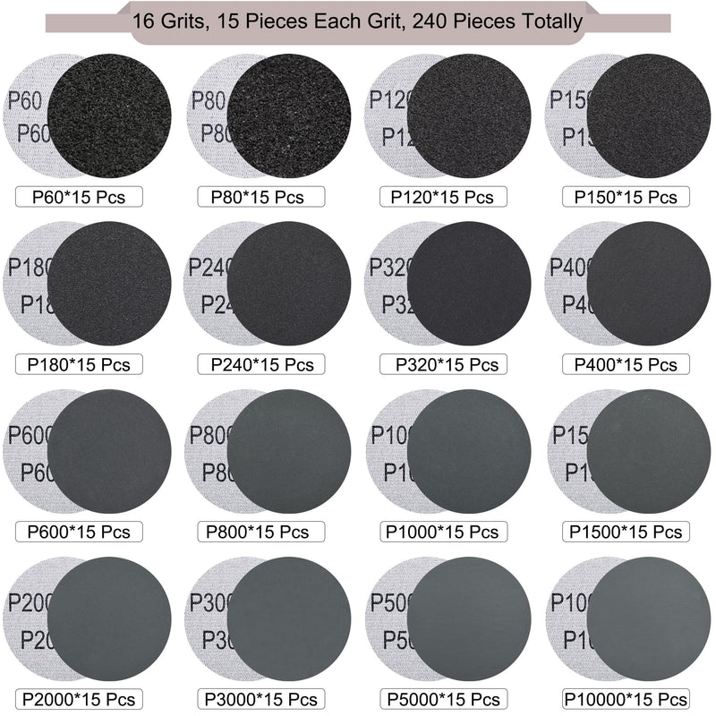 [Australia - AusPower] - SIQUK Pack of 240 Sanding Discs 25 mm Velcro with 1/8 Inch Shank Wet Dry Sandpaper Round Sanding Pads Grit 60-10000 Sandpaper for Car Polishing Wood Metal 1 inch 
