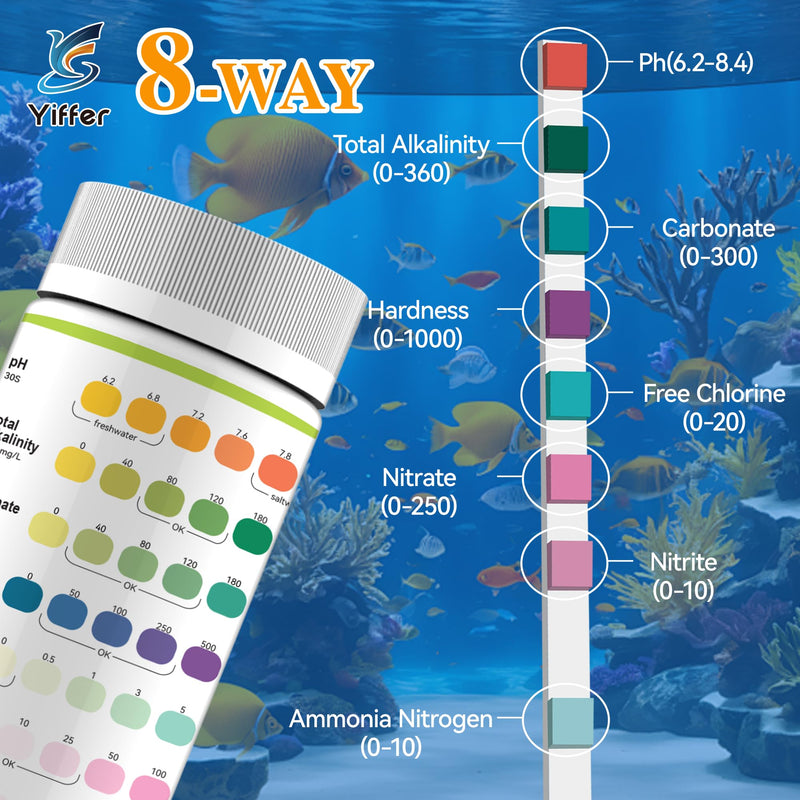 175-Count 8-Way Aquarium Test Strips with Ammonia-Accurate Test Ammonia,pH, Total Alkalinity, Carbonate, Hardness, Free Chlorine, Nitrate and Nitrite for Fish Tanks & Ponds