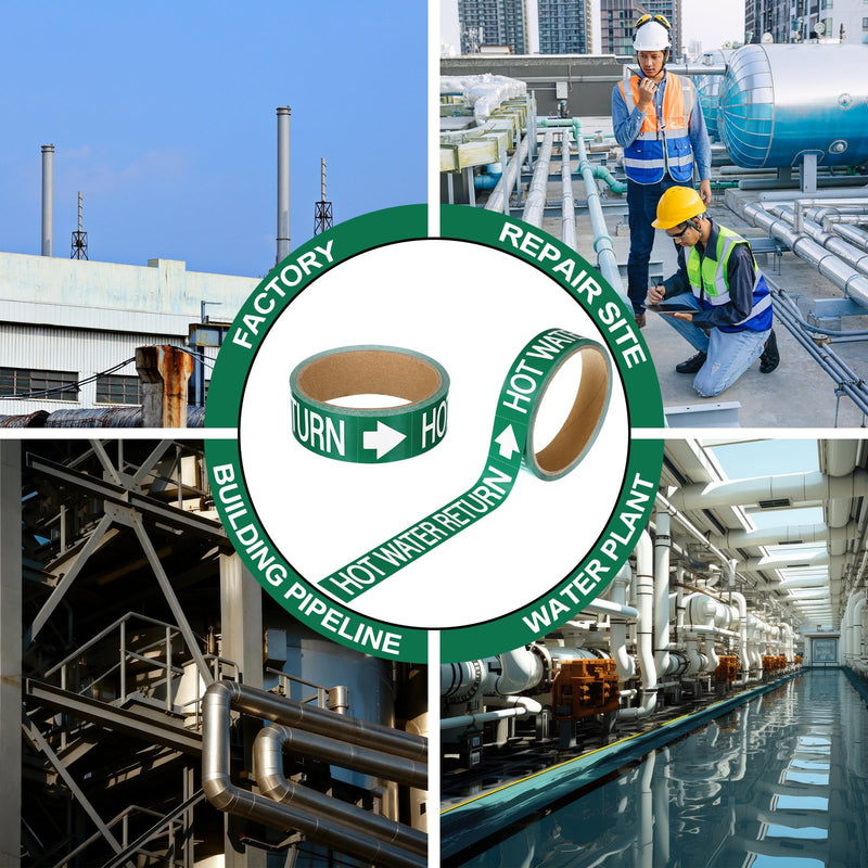 1 Roll Economy Pipe Markers - 1" Height x 8" Width Hot Water Return Pipe Labels, White On Green Pressure Sensitive Vinyl