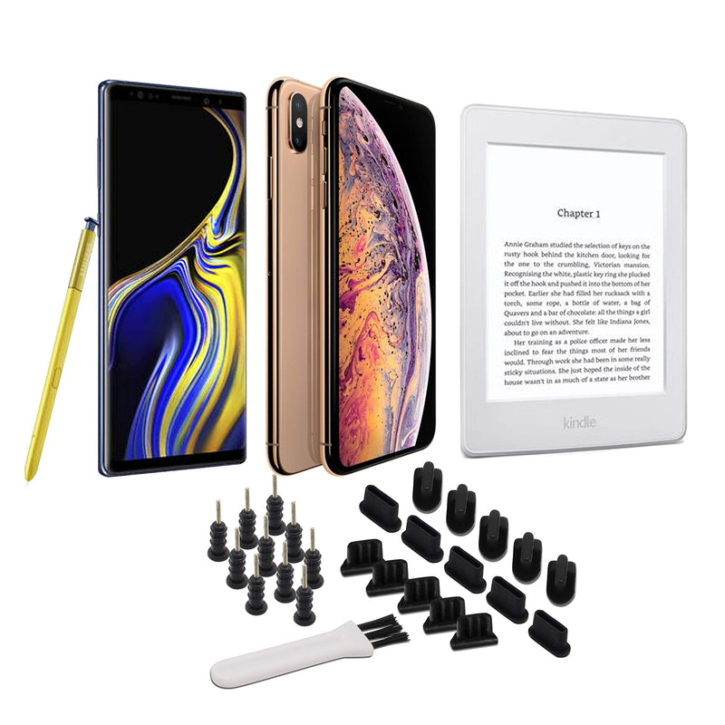 [Australia - AusPower] - Universal 25pc Charging Port Cover Set, Compatible with iPhone, USB-C, Android, Micro USB, Tablets - Includes Headset Plugs, SIM Tool & Cleaning Brush (Black) Black 25 piece 