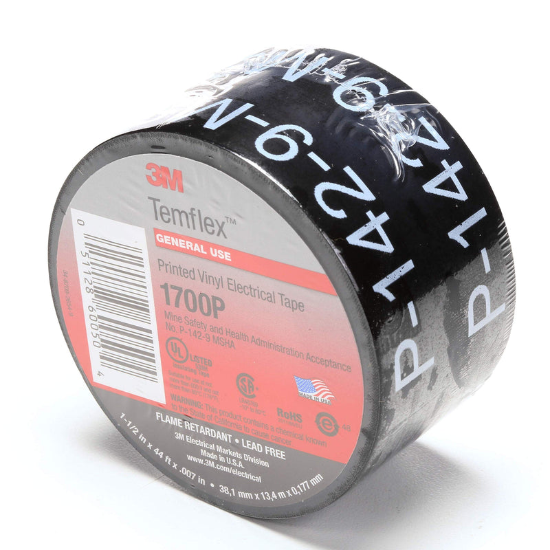 3M Temflex Mining-Grade Vinyl Electrical Tape 1700P, 1-1/2 in x 44 ft,Printed, Black, 1 roll/carton