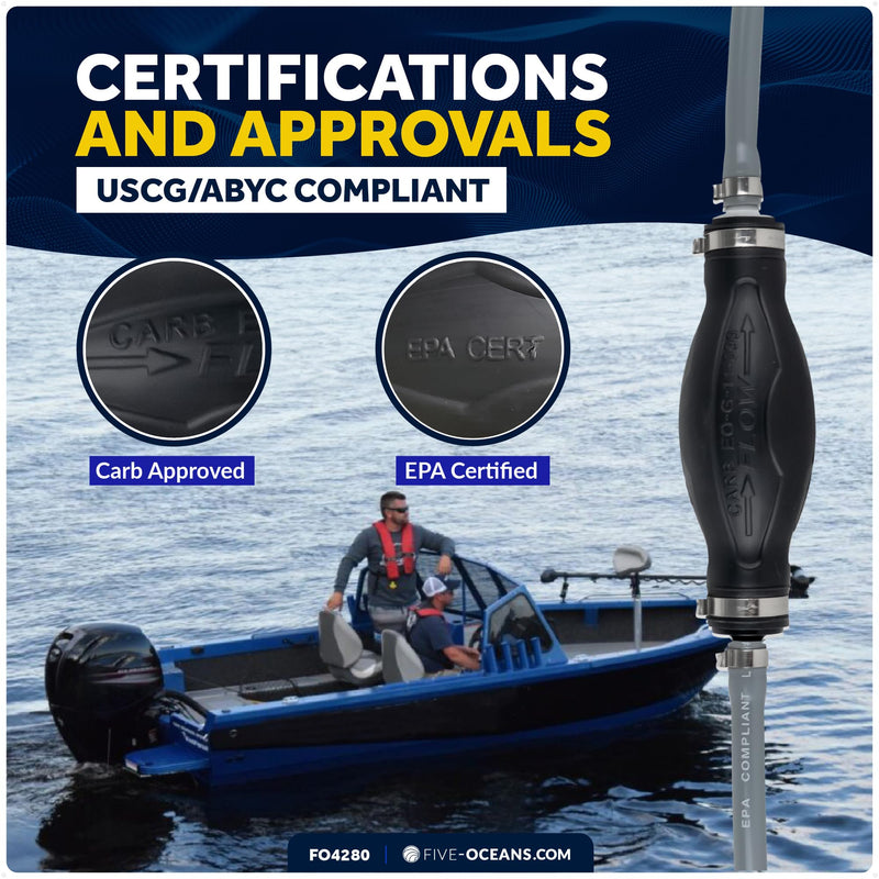 Five Oceans Marine Fuel Line Assembly with Primer Bulb, 3/8-Inch x 6 foot, Universal Outboard Boat Fuel Hose, EPA/CARB Approved, Ethanol-Compatible, Leakproof - FO4280 Universal 3/8" Hose (no engine fitting)