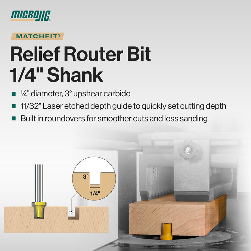 Microjig MATCHFIT 1/4" Relief Router Bit, Straight Grooving Dovetail Track Cutter for Woodworking, Cabinet and Furniture Projects, MB-025-025ST, Yellow