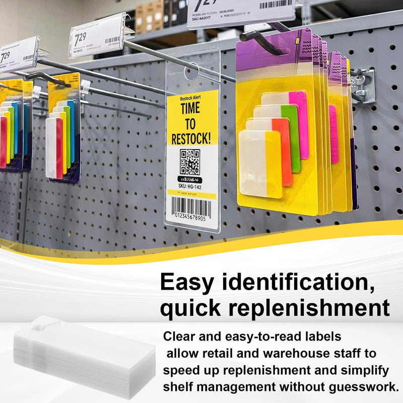 Bucherry 500 Pcs Clear Plastic Peg Hook Label Holders 3.25" X1.25" Clear UPC Tag & Reorder Ticket Tabs for Pegboard, Slatwall & Gridwall Hooks Durable Retail Price Label Display Easy Slide-on Design