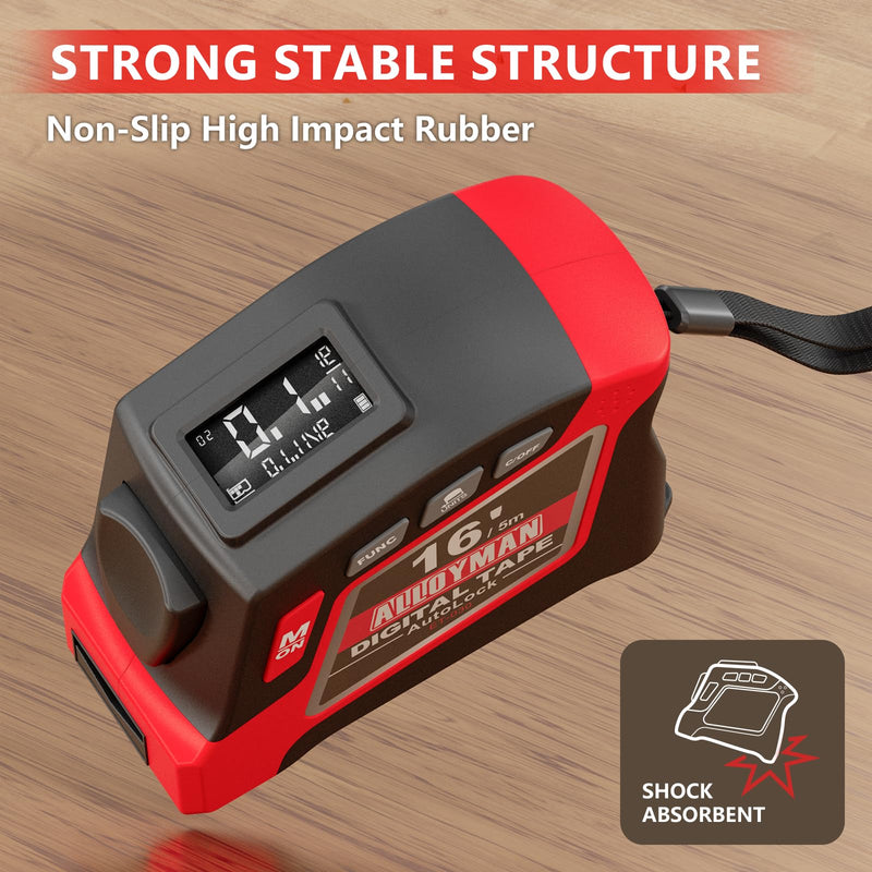 [Australia - AusPower] - Alloyman 2-in-1 Digital Tape Measure, 16Ft Length, 6 Unit Options, 4 Measuring Modes, Stores 50 Records, Auto Lock with Magnetic Hook, Waterproof & Drop-Resistant Black Red 