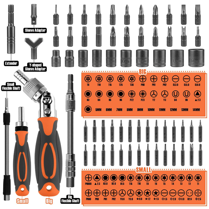 Ratcheting Screwdriver Set - BTEC 68 in 1 Socket Set & Magnetic Screwdriver Bit Set with Rotatable Ratchet Handles,extensions bar and Storage Case for Computer/Bike/Car/Electronics Maintenance