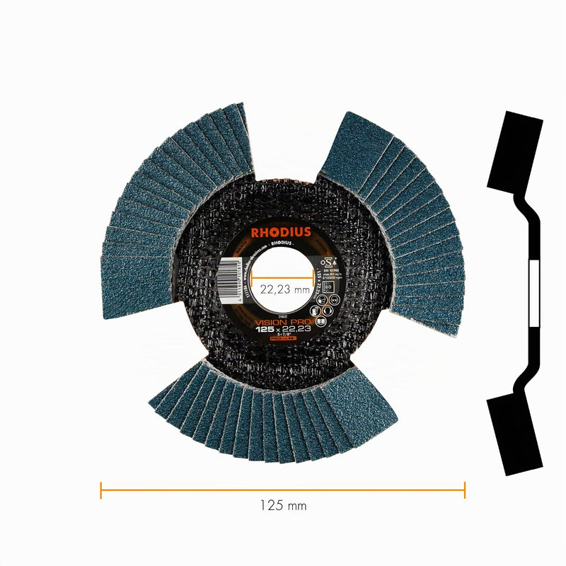 RHODIUS Vision Pro, 5 pieces, diameter 125 mm, K60 flap discs, transparent, metal, stainless steel, INOX, for angle grinders, grinding wheels, flap grinding discs | Made in Germany, transparent during turning, clear view of the workpiece, for...