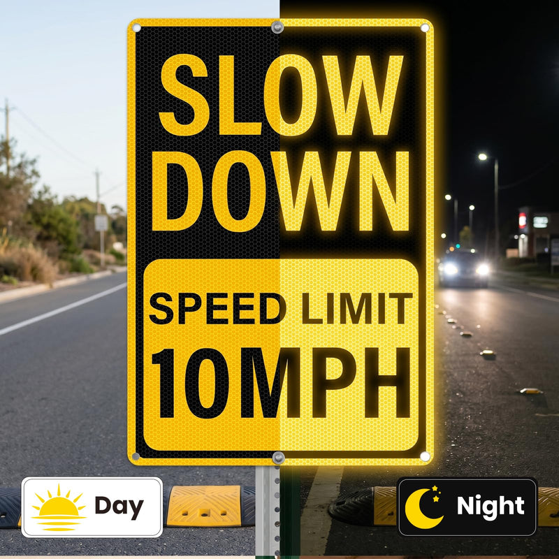 Slow Down Speed Limit 10 MPH Sign 12 x 18 Inches Reflective Aluminum Metal Traffic Sign Rust-Free Warning Signs for Driveway Parking Lots Neighborhoods Campground 2 Pack Yellow