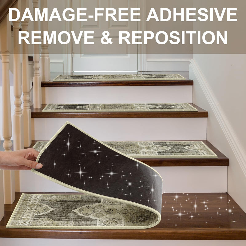 Non Slip Stair Treads for Wooden Steps Indoor, Begie, 15pcs, 30"X8", Soft Carpet Mat, Machine Washable Boho Carpet Treads with Reusable Adhesive Backing, Safety Stair Tread for Dog, Kid, Elder 30"x8" 15