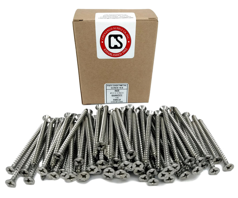 #12 X 3 Stainless Phillips Flat Head Sheetmetal Screw (1/2" to 3" in Listing) 100 Sheet Metal Screws, 82 Degrees (#12 x 3) #12 x 3"