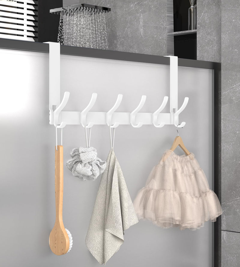 [Australia - AusPower] - KitchLife Over The Door Hooks Hanger with 7 inches Extended Arms, Tool-Free Assembly, Fits 1 3/8" Doors, F18U, Bathroom Towel Rack Organization, Thickened 6-Double Hook, Glossy White Fits 1 3/8" Doors with 7" Arms 
